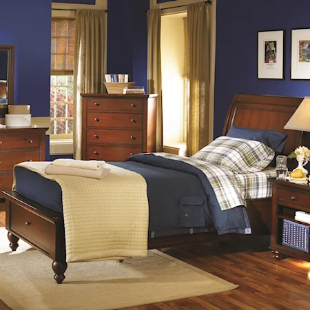 Twin-Size Bed with Sleigh Headboard & Drawer Storage Footboard